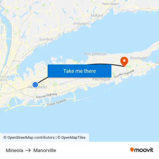 Mineola to Manorville map