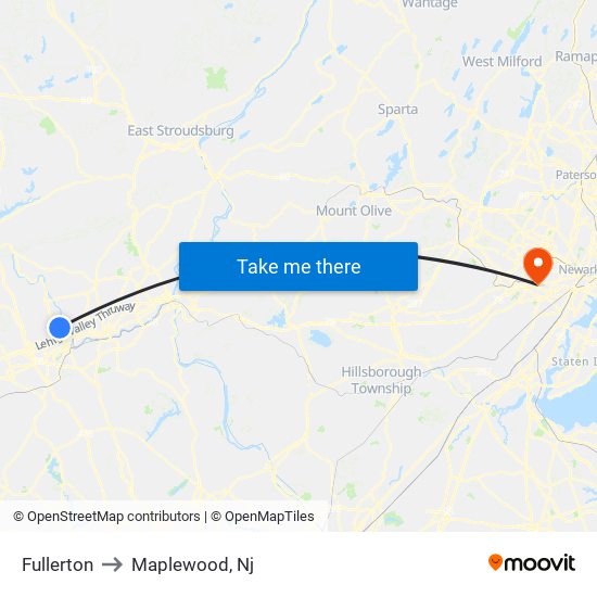 Fullerton to Maplewood, Nj map