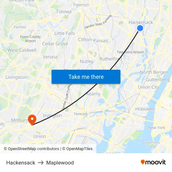 Hackensack to Maplewood map