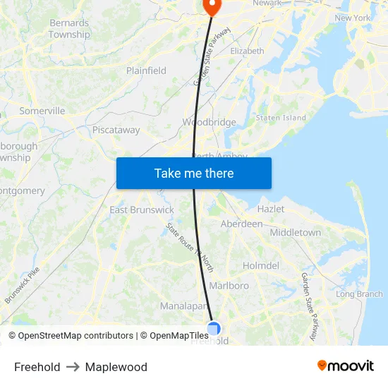 Freehold to Maplewood map