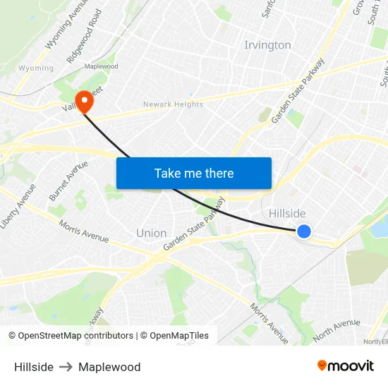 Hillside to Maplewood map