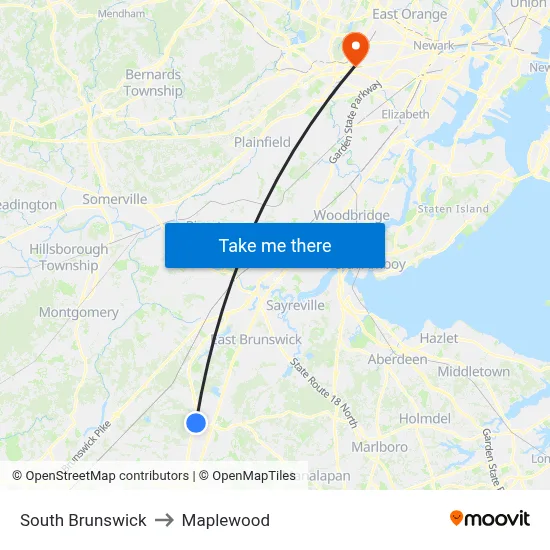 South Brunswick to Maplewood map
