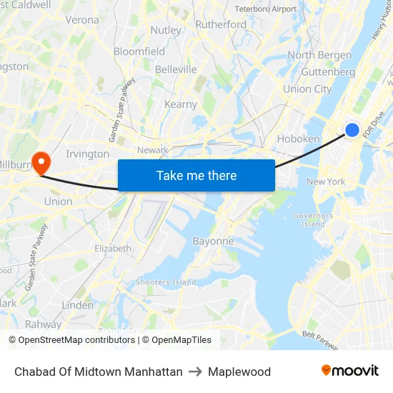 Chabad Of Midtown Manhattan to Maplewood map