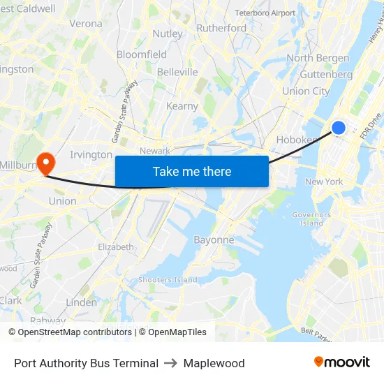 Port Authority Bus Terminal to Maplewood map