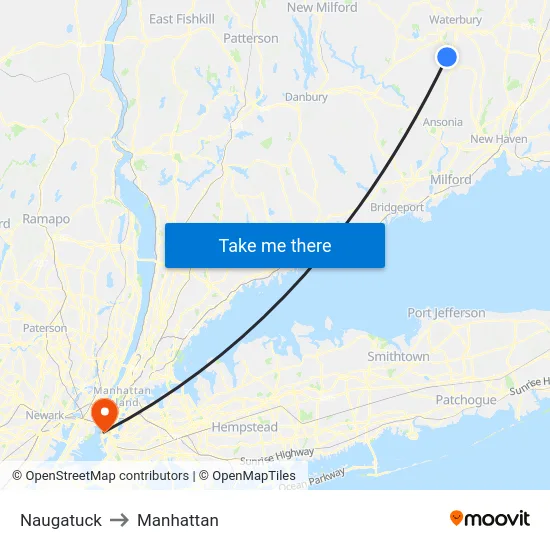Naugatuck to Manhattan map