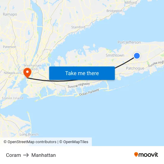 Coram to Manhattan map