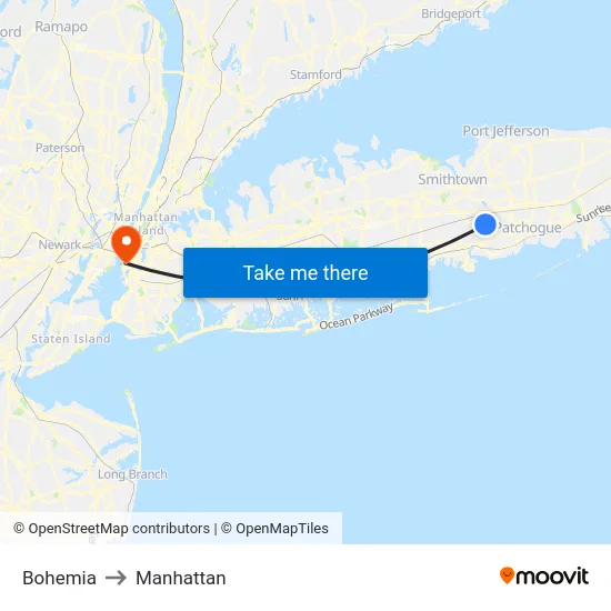 Bohemia to Manhattan map
