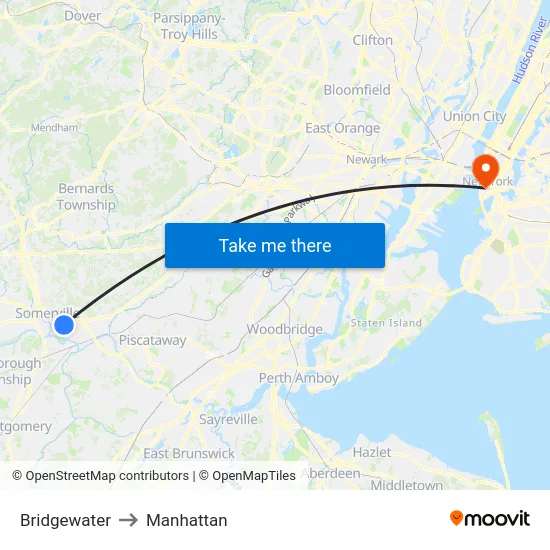 Bridgewater to Manhattan map