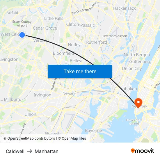 Caldwell to Manhattan map