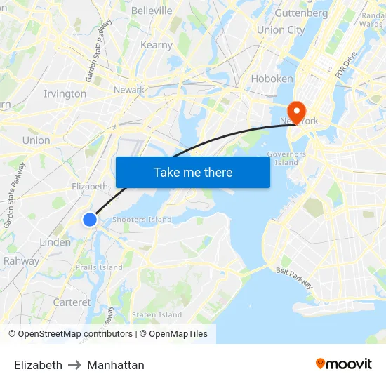 Elizabeth to Manhattan map