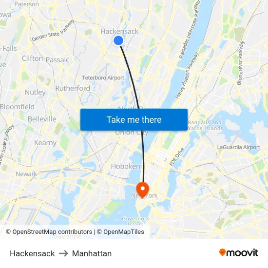 Hackensack to Manhattan map