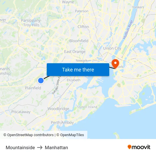 Mountainside to Manhattan map