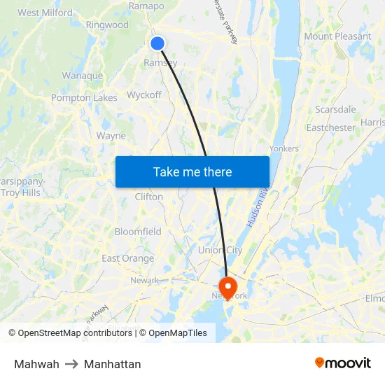 Mahwah to Manhattan map