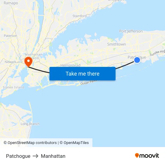 Patchogue to Manhattan map