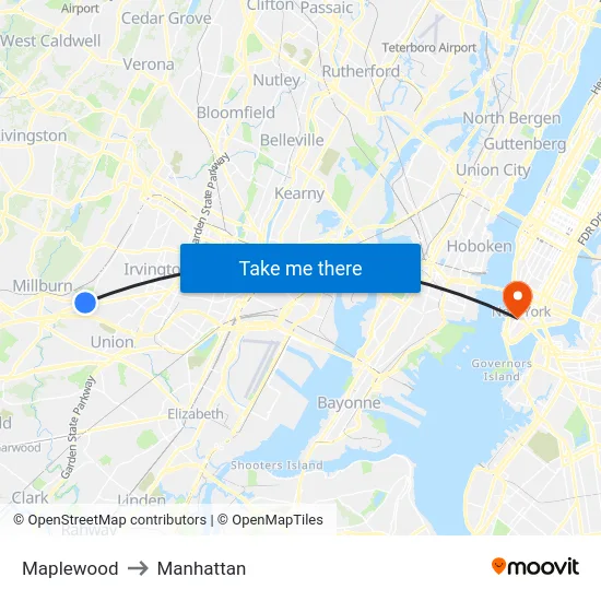 Maplewood to Manhattan map