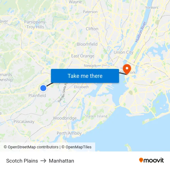 Scotch Plains to Manhattan map