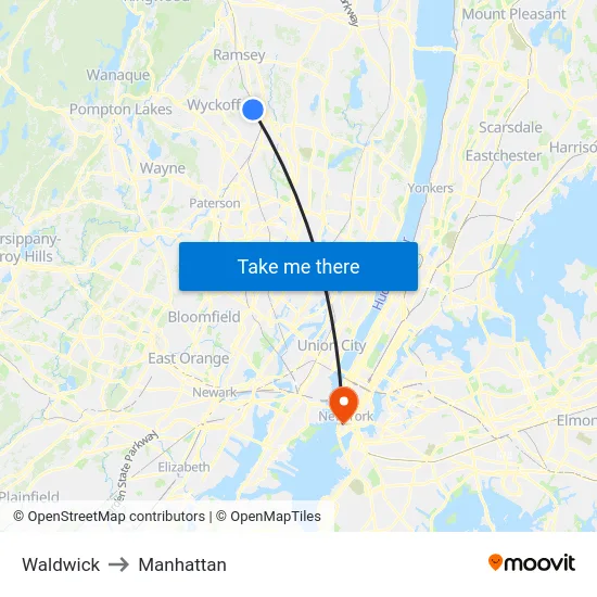 Waldwick to Manhattan map