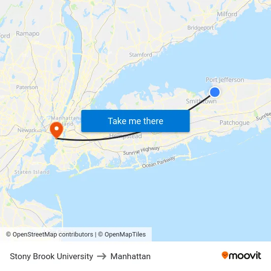 Stony Brook University to Manhattan map