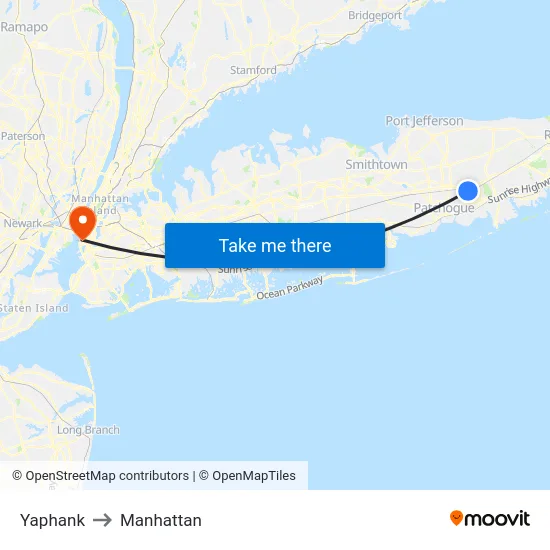 Yaphank to Manhattan map