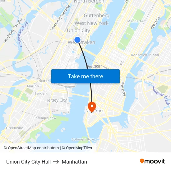 Union City City Hall to Manhattan map