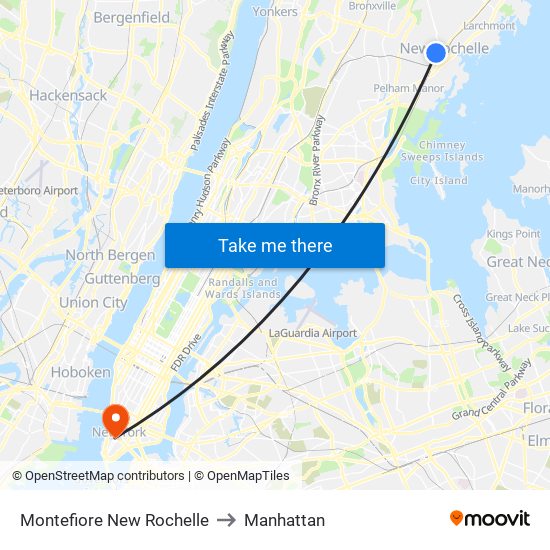 Montefiore New Rochelle to Manhattan map