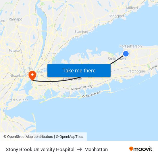 Stony Brook University Hospital to Manhattan map