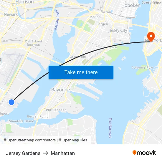 Jersey Gardens to Manhattan map