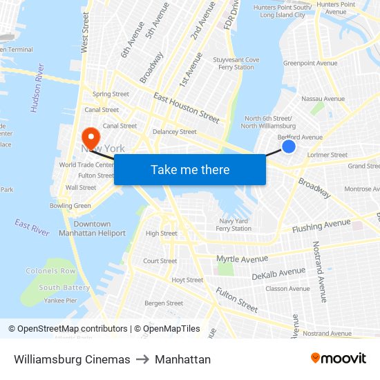 Williamsburg Cinemas to Manhattan map