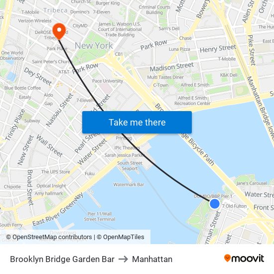 Brooklyn Bridge Garden Bar to Manhattan map