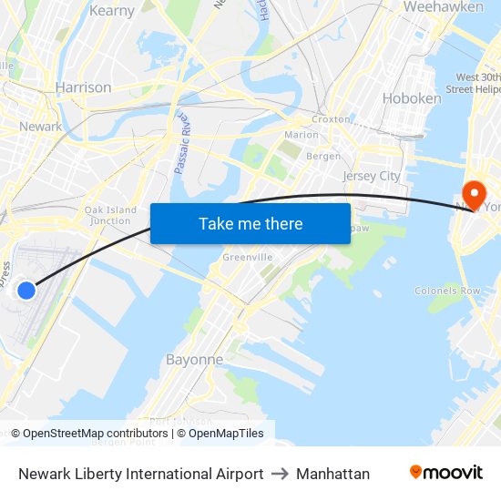 Newark Liberty International Airport to Manhattan map