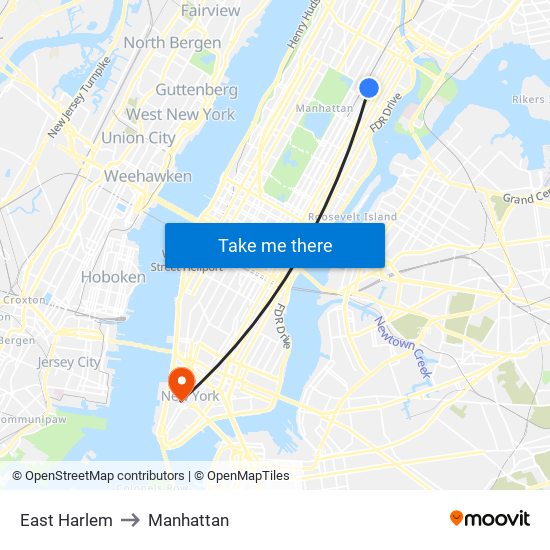 East Harlem to Manhattan map