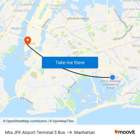 Mta JFK Airport Terminal 5 Bus to Manhattan map