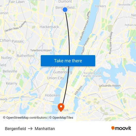 Bergenfield to Manhattan map