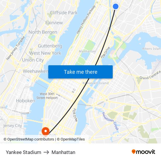 Yankee Stadium to Manhattan map