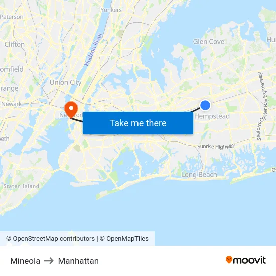 Mineola to Manhattan map
