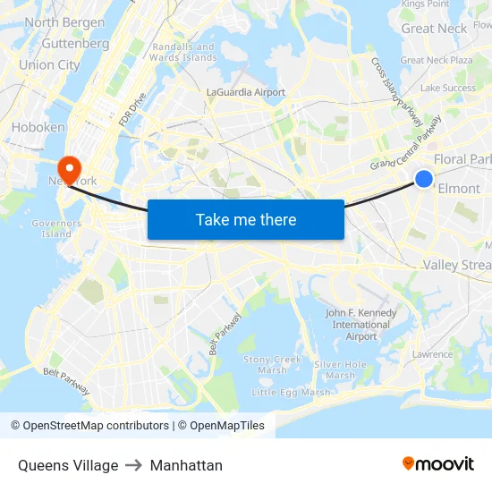 Queens Village to Manhattan map