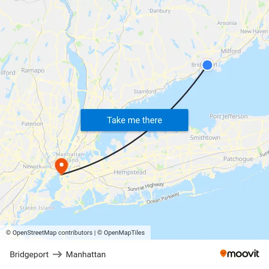 Bridgeport to Manhattan map