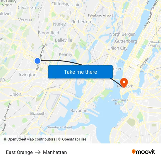 East Orange to Manhattan map