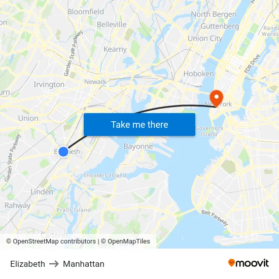 Elizabeth to Manhattan map
