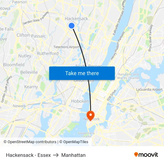 Hackensack - Essex to Manhattan map