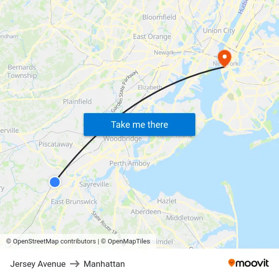 Jersey Avenue to Manhattan map