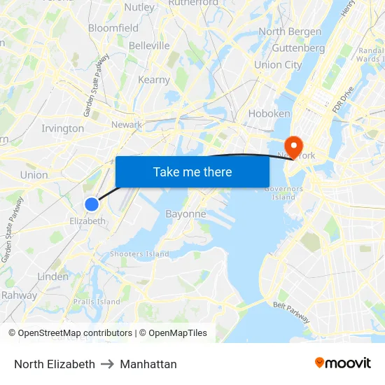 North Elizabeth to Manhattan map