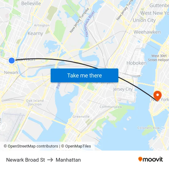 Newark Broad St to Manhattan map