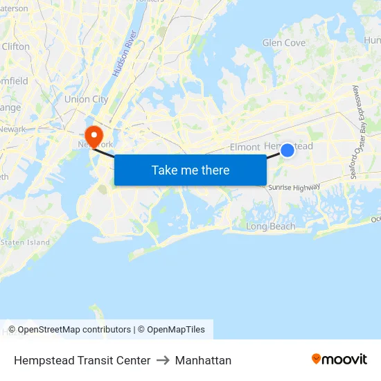 Hempstead Transit Center to Manhattan map