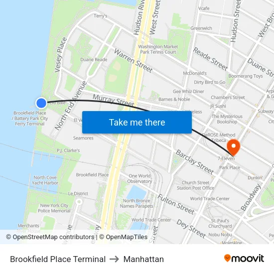 Brookfield Place Terminal to Manhattan map