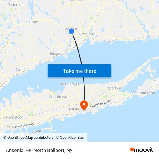Ansonia to North Bellport, Ny map