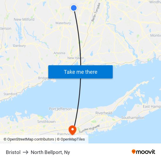 Bristol to North Bellport, Ny map