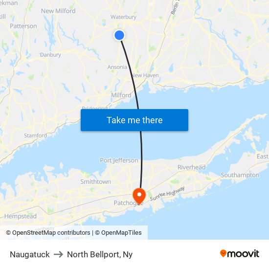 Naugatuck to North Bellport, Ny map