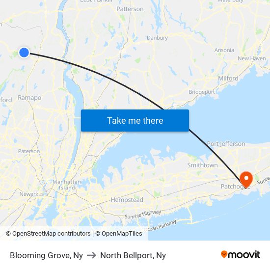 Blooming Grove, Ny to North Bellport, Ny map