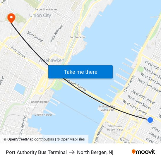 Port Authority Bus Terminal to North Bergen, Nj map
